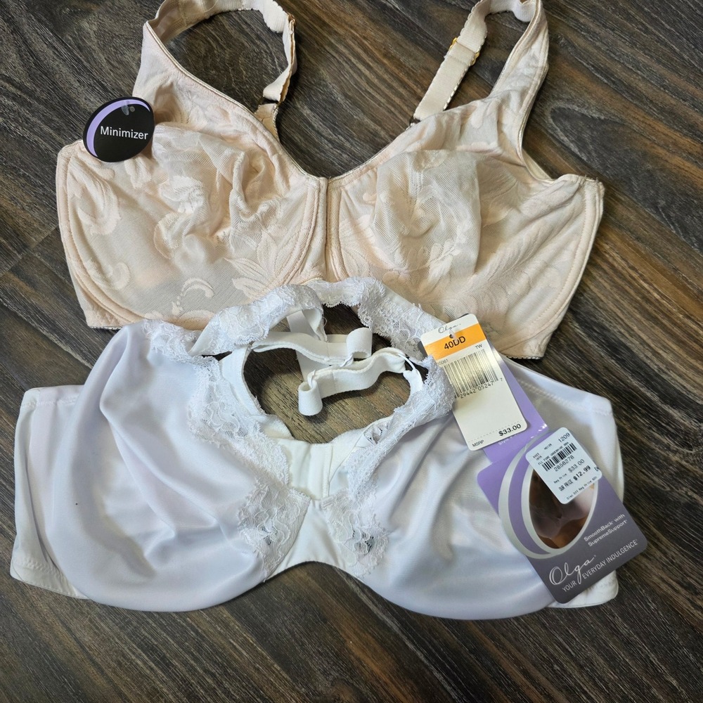 Olga 2 Pack Underwire Bras 40DD White SmoothBack 35061 Beige Minimizer 35984